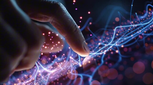 Cinematic close-up male fingers swiping smartphone swipe triggers holographic neon streams, floating digital symbols, glowing lines, AI network nodes, data flowing liquid light air, sparks flares