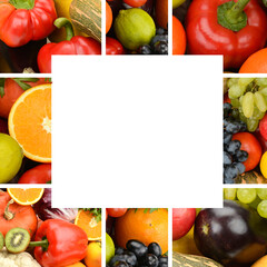 Vibrant collage of fresh fruits and vegetables with white central copy space
