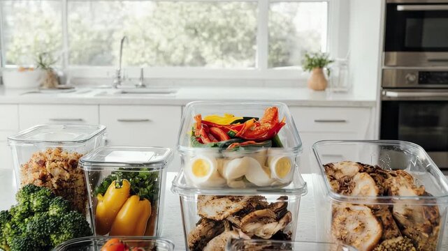 Various food items in clear storage containers on a kitchen counter