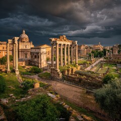 Naklejka premium Ancient Roman ruins bathed in sunlight under a dramatic, stormy sky