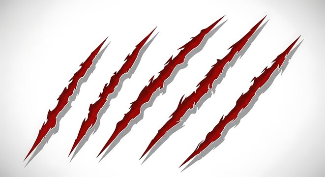 Red, jagged claw marks with shadows, diagonally slashed across a white background