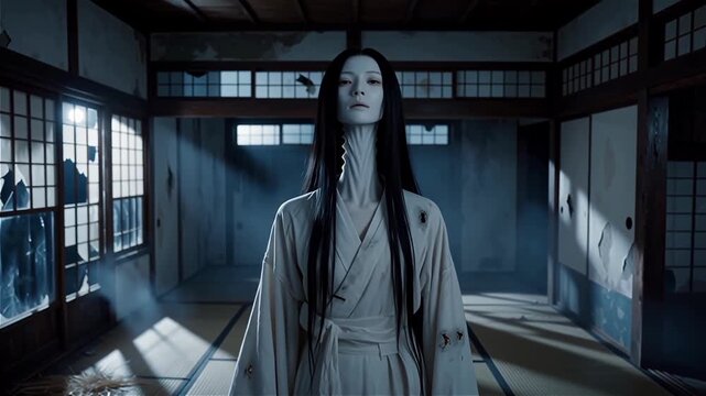 Rokurokubi japanese folklore woman with long neck in traditional house