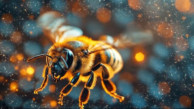 Close-up of a bee in flight with sparkling background