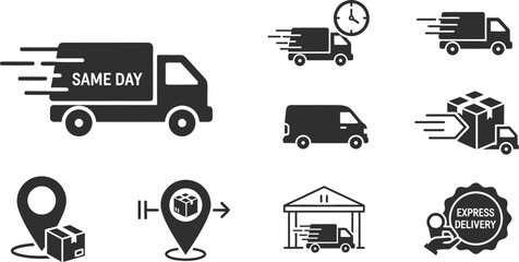 Collection of nine delivery and logistics icons on a white background truck package