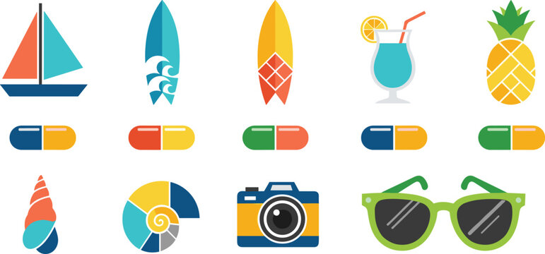 Summer beach vacation flat icons with sailboat surfboards cocktail pineapple camera sunglasses seashell and umbrella vector collection.