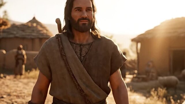 A scene from biblical times showing a man with long dark hair in a tunic walking among sheep. Traditional huts are in the background with people engaged in daily activities.