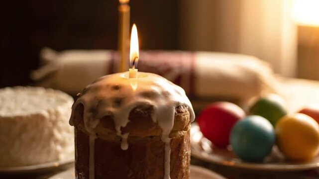 A traditional household scene from biblical times featuring a decorated cake with a candle, a plate of colorful eggs, and a white dessert on a wooden table. Traditional Easter foods on a table.