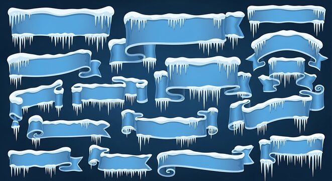 Set of icy blue ribbons with snowy accents and dangling icicles, perfect for winter designs