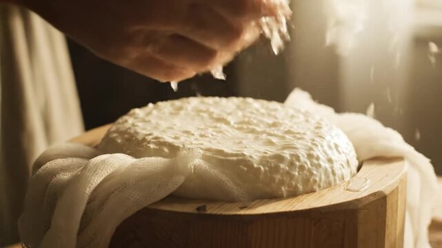 Hands of a middle-aged man working with cheese on a wooden surface. The scene reflects daily life in biblical times, showcasing traditional food preparation.
