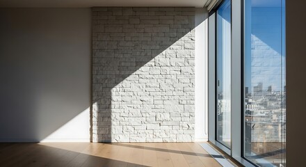Obraz premium Interior view of a room with a stone accent wall, large window, and hardwood floors