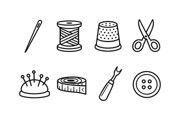 Hand sewing tools: needle, thread spool, thimble, scissors, pin cushion, measuring tape, seam ripper, button