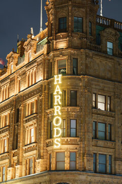 Harrods department store at Christmas season on Knightsbridge in London. Harrods is the biggest department store in Europe
