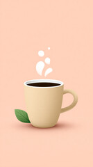 Obraz premium Minimalist beige coffee cup with green leaf on peach background