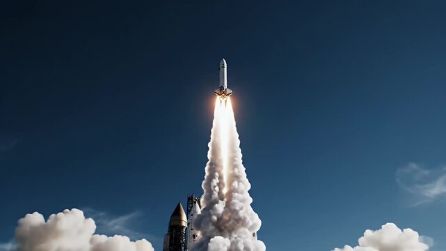 Rocket Launch with Flames - A rocket blasts off into a blue sky, surrounded by smoke and flames during its launch. The powerful engines ignite, creating a spectacular display of engineering and power.