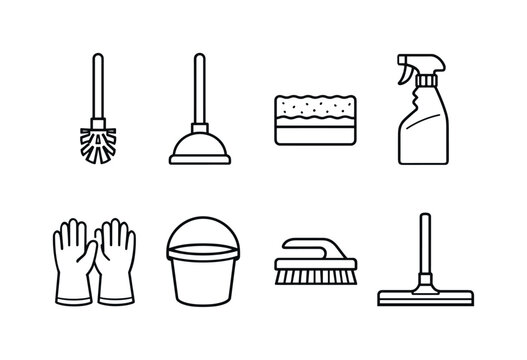 Home bathroom cleaning equipment: toilet brush, plunger, scrub sponge, cleaning spray bottle, rubber gloves, bucket, grout brush, floor squeegee