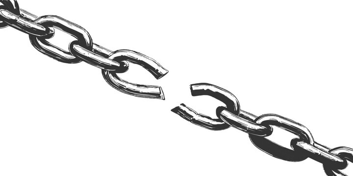Broken chain ink illustration black and white line art. Broken chain symbolizing freedom, liberation, and breaking limits.