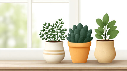 Fototapeta premium Trio of potted succulents and plants on wooden shelf near sunny window