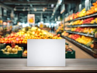 Blurred grocery store with blank sign on wooden table