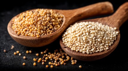 Detailed Close-Up of Yellow and White Grain Seeds in Wooden Spoons on Dark Surface with Textural Contrast and Natural Lighting
