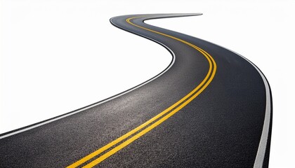 winding asphalt road with double yellow lines isolated on white background