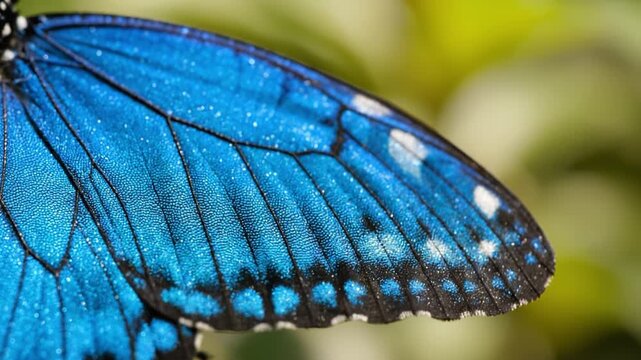 Blue butterfly wing macro insect nature closeup detail pattern texture, delicate iridescent scale and vibrant blue wing pattern, wildlife summer garden bokeh background