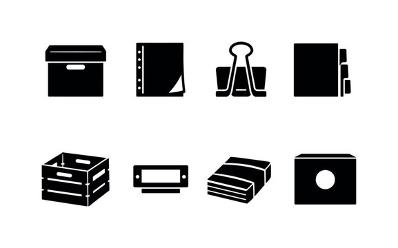 Office archiving supplies: archive box, document sleeve, binder clip, folder divider, storage crate, label holder, paper band, record box