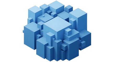 Isometric blue geometric cubes cluster on black background