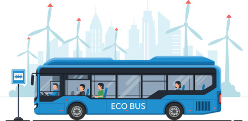 Eco friendly city bus illustration with passengers renewable energy wind turbines urban transport flat vector © Shafali