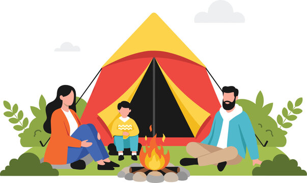 Happy Family Camping Outdoors by a Bonfire and Tent for Summer Vacation, Weekend Getaway, Nature Exploration, and Family Bonding Lifestyle Graphic Designs
