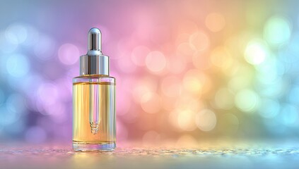 Naklejka premium Bottle of clear serum with dropper, bokeh background