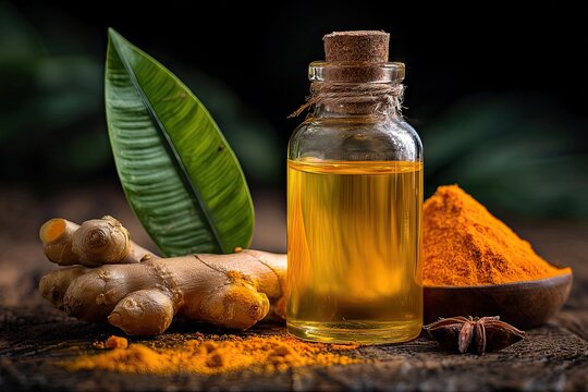 Bottle of golden liquid, fresh root, powder, leaf, and spice bowl