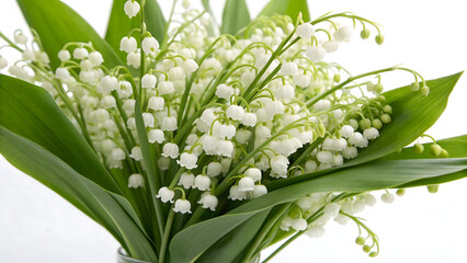 A close-up view of a bouquet of lily of the valley flowers with delicate white bells