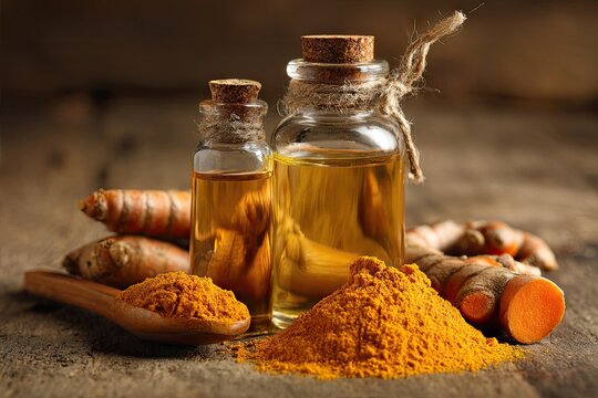 Bottles of golden liquid and spice on a weathered wooden surface