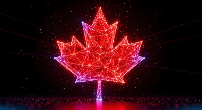 Vibrant red maple leaf made of glowing lines and dots on black background