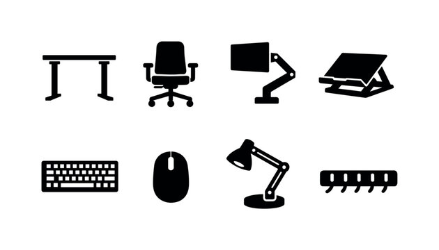 Office ergonomic workstation setup icon set showing adjustable desk, office chair, monitor arm, laptop stand, keyboard, mouse, desk lamp, cable