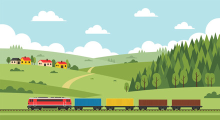 Freight train illustration, cargo railway transport, countryside landscape, logistics transportation, container wagons, flat vector – flavector © Shafali
