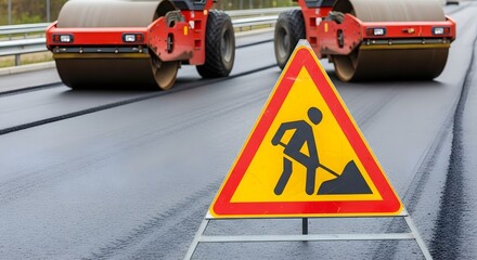 Construction Roadwork Warning Sign with Paving Machinery in Wet Roadwork Area