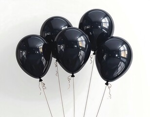 Five black balloons float against a plain white backdrop, creating contrast and showcasing their reflective surfaces
