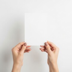 Two hands delicately holding a blank sheet of paper against light background