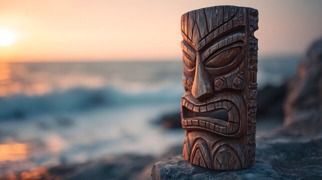 Tiki Idol on Beach at Sunset, Ocean Waves in Background.
