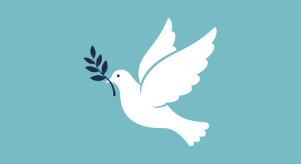 White Dove Flying with Olive Branch Symbolizing Peace on a Tranquil Blue Background