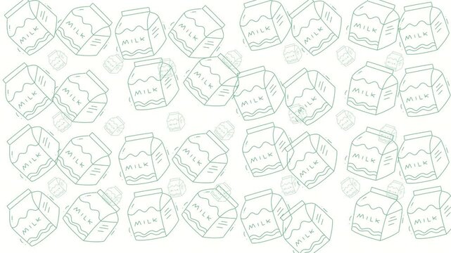 Food doodle repeating pattern of green outline milk cartons is suitable for packaging, stationery, textiles, and kidfocused designs.