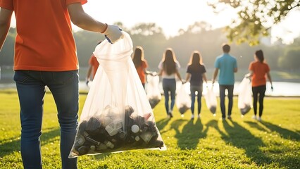 Family and friends volunteering together collecting trash outdoors in nature at sunset with protective gloves and bags