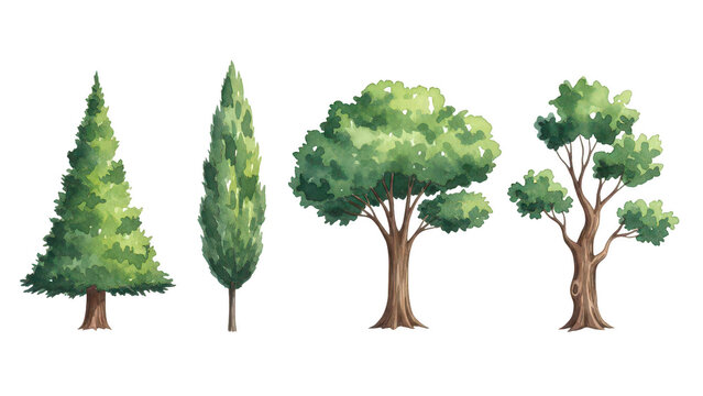 Collection of watercolor trees isolated on transparent background for nature and landscape design