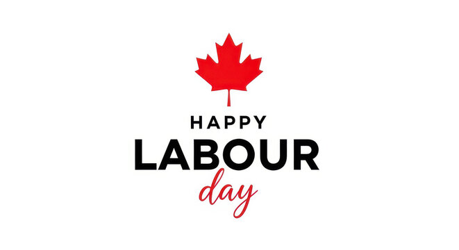 Happy labour day canada text with red maple leaf