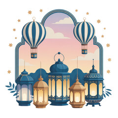 Blue and white hot air balloons over Moroccan lanterns on... isolated on a transparent background