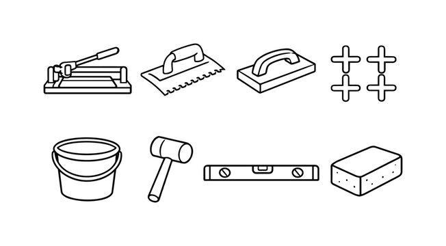 Home tile installation tools: tile cutter, notched trowel, grout float, tile spacer, mixing bucket, rubber mallet, level ruler, sponge block