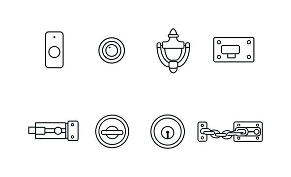 Home entry hardware: doorbell, peephole, door knocker, strike plate, latch bolt, deadbolt, key cylinder, door chain