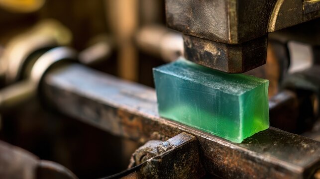 A translucent green bar of soap being pressed.