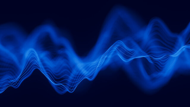 Audio blue waveform digital background. Abstract music waves equalizer. Futuristic sound wave visualization. AI synthetic voice technology. Tune print. Distorted frequencies.